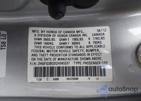2012 Honda Civic Lx z USA, uszkodzony, nr VIN 2HGFG3B52CH545537